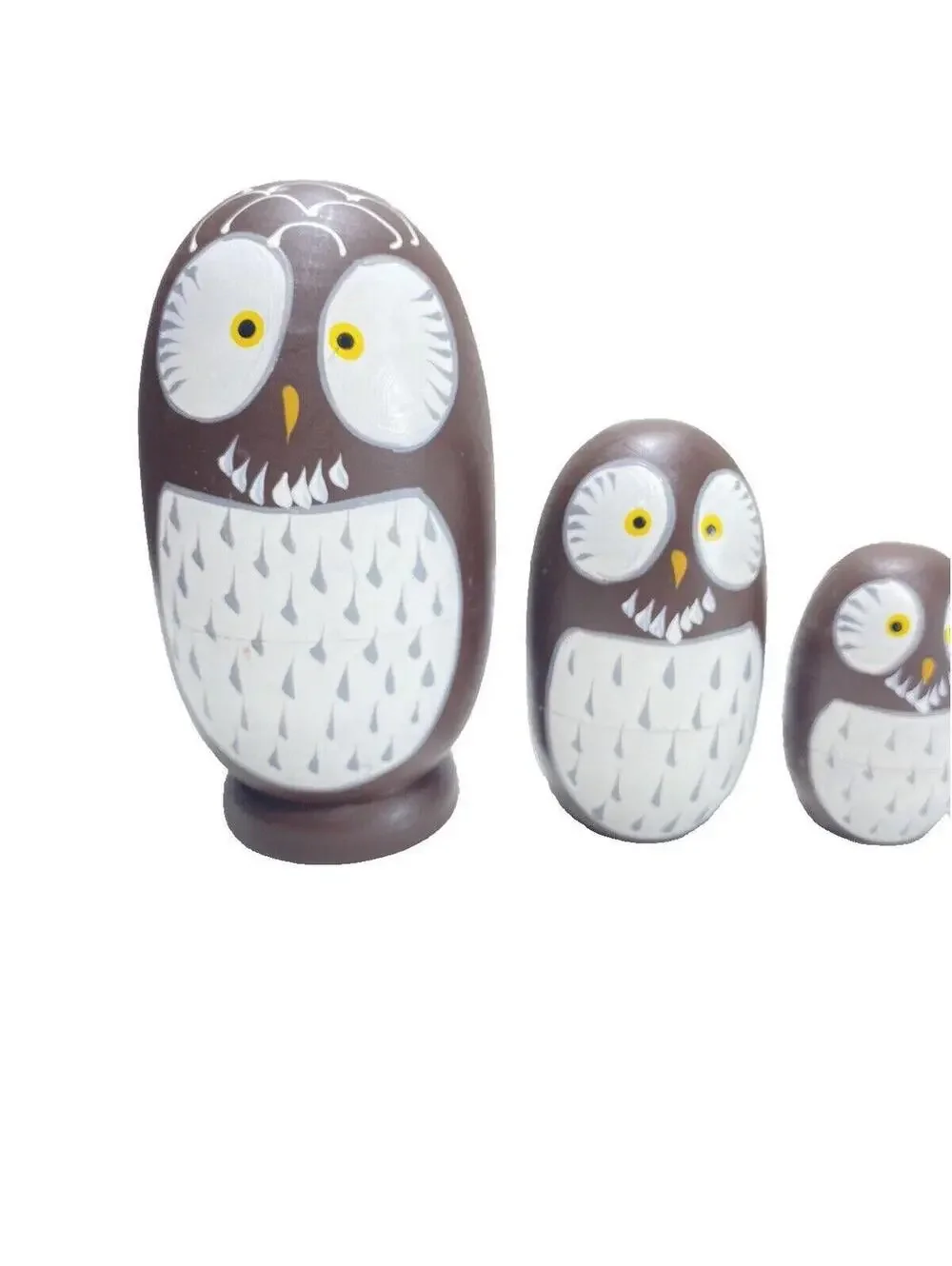 Wooden Owl Nesting Dolls - 10 Piece Set - Brown and White - Hand-Painted